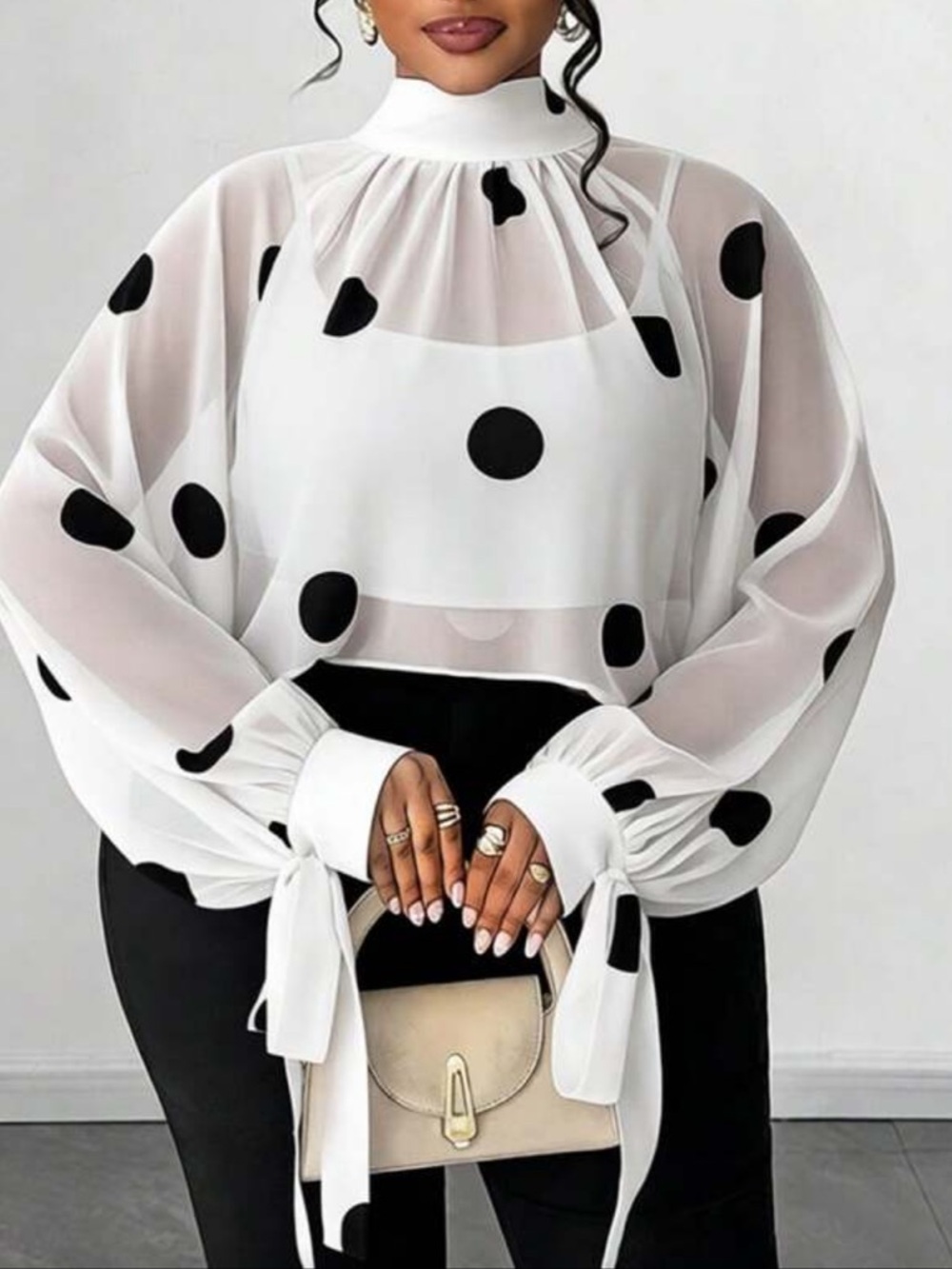 Classic Sheer White Polka Dot Tie Sleeve Blouse Top Shirt